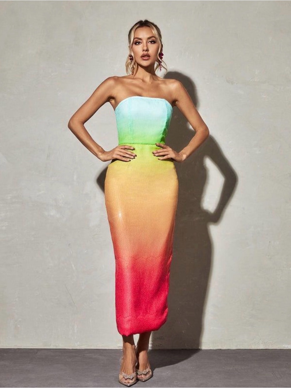 Strapless Ombre Midi Dress in Blue, Green, Yellow & Red